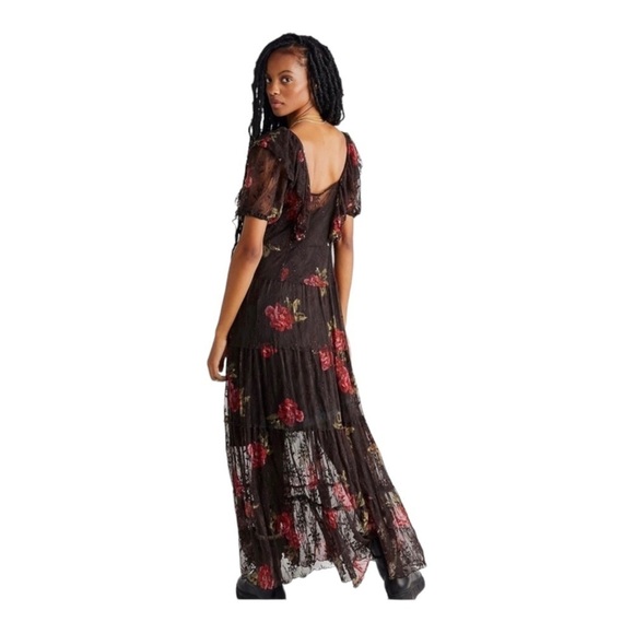 NWT FREE PEOPLE Brown Red Floral Lace Button Front Flutter Sleeve Maxi Dress XS - Picture 9 of 14